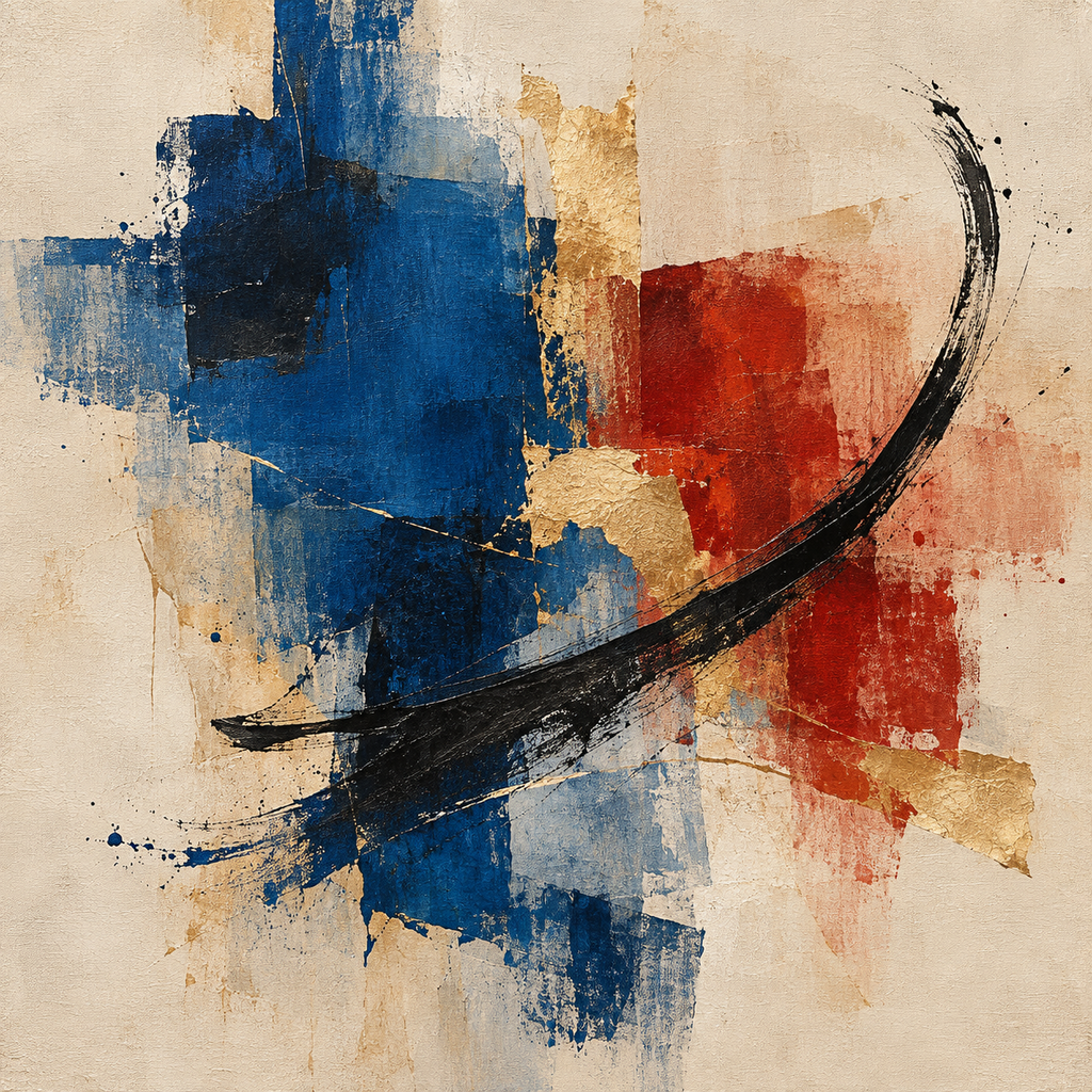 Abstract composition of layered colour fields and a gestural mark